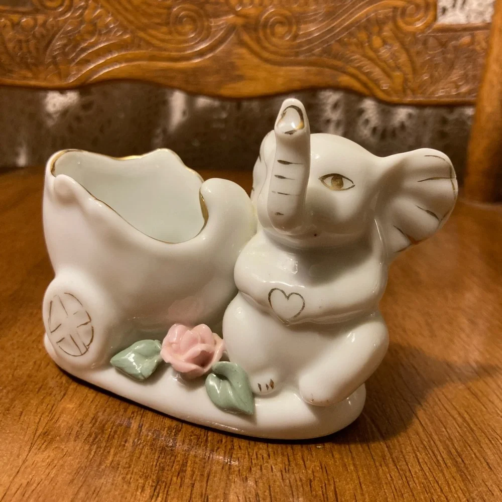 Elephant and Cart Trinket Dish Figure - Floral Detail, Gold Accents - Picture 1 of 14